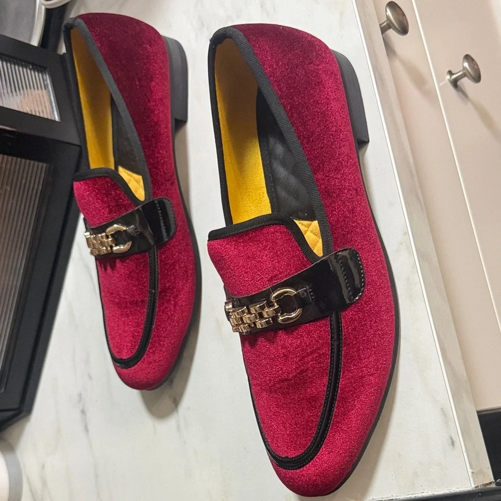 EUC Red Velvet Loafers with Gold Accent - Picture 2 of 12